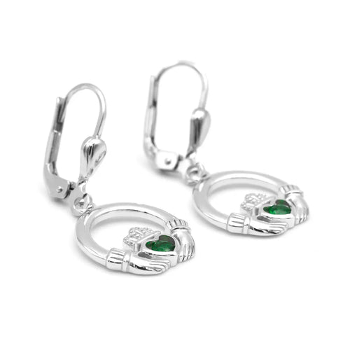 Silver Claddagh Drop Earrings With Green Crystal Centerpiece