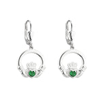 Silver Claddagh Drop Earrings With Green Crystal Centerpiece
