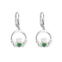 Silver Claddagh Drop Earrings With Green Crystal Centerpiece