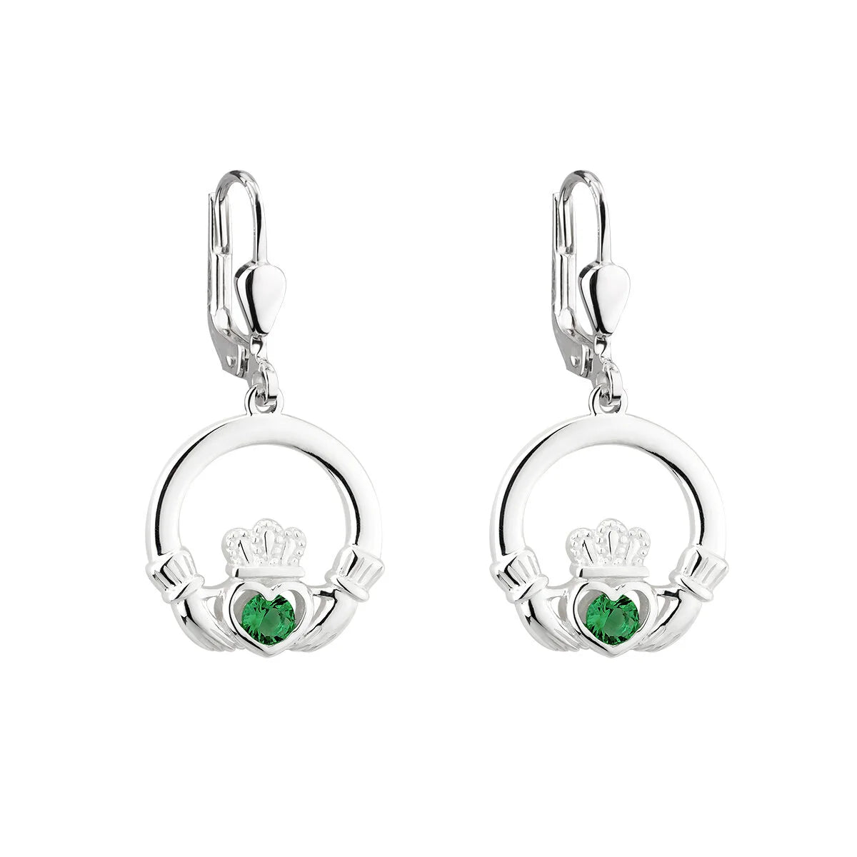 Silver Claddagh Drop Earrings With Green Crystal Centerpiece