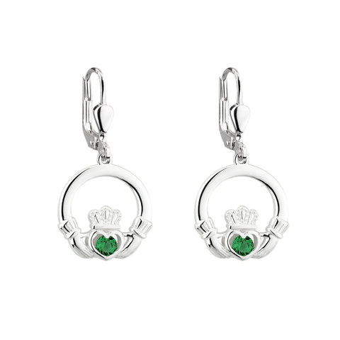 Silver Claddagh Drop Earrings With Green Crystal Centerpiece