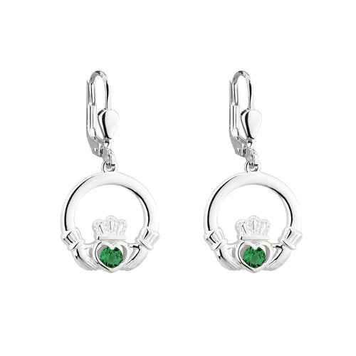 Silver Claddagh Drop Earrings With Green Crystal Centerpiece