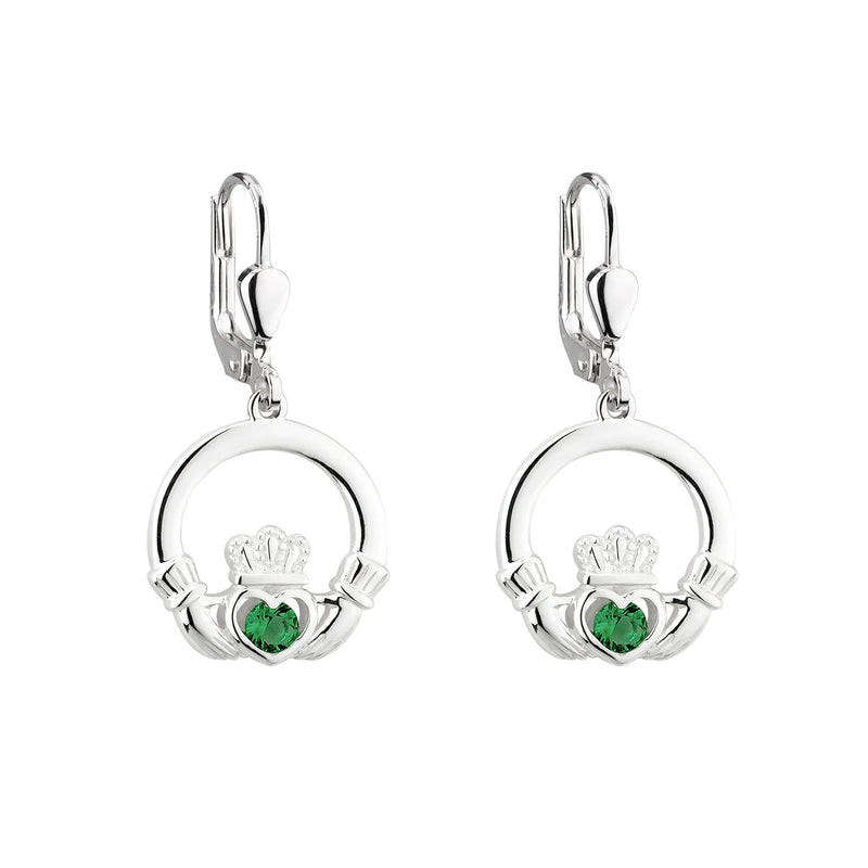 Silver Claddagh Drop Earrings With Green Crystal Centerpiece