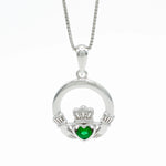 Silver Claddagh Pendant With Green Crystal