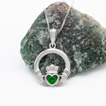 Silver Claddagh Pendant With Green Crystal