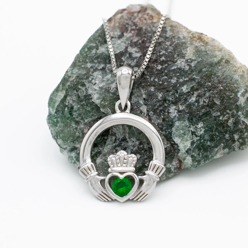 Silver Claddagh Pendant With Green Crystal