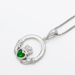 Silver Claddagh Pendant With Green Crystal