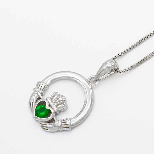 Silver Claddagh Pendant With Green Crystal