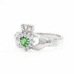 Silver Claddagh Ring With Green Crystal Heart