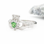Silver Claddagh Ring With Green Crystal Heart