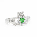 Silver Claddagh Ring With Green Crystal Heart