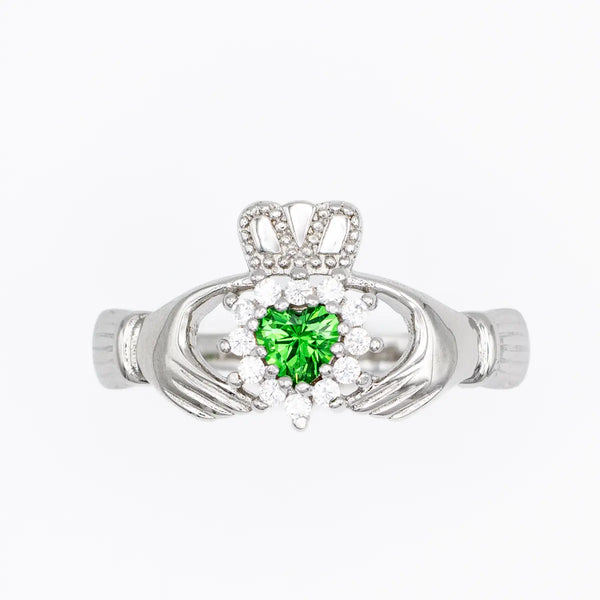 Silver Claddagh Ring With Green Crystal Heart