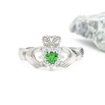 Silver Claddagh Ring With Green Crystal Heart