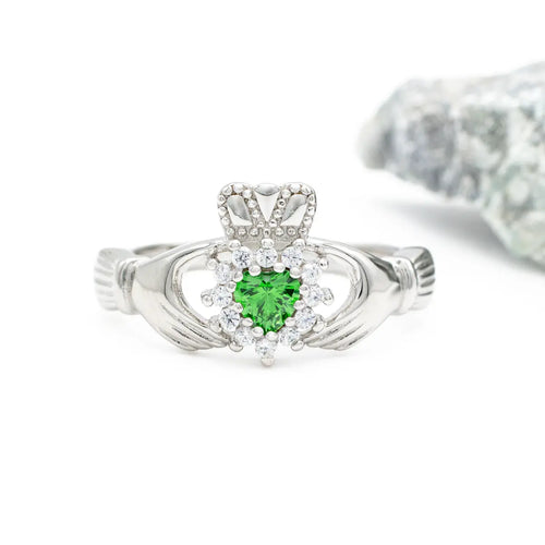 Silver Claddagh Ring With Green Crystal Heart