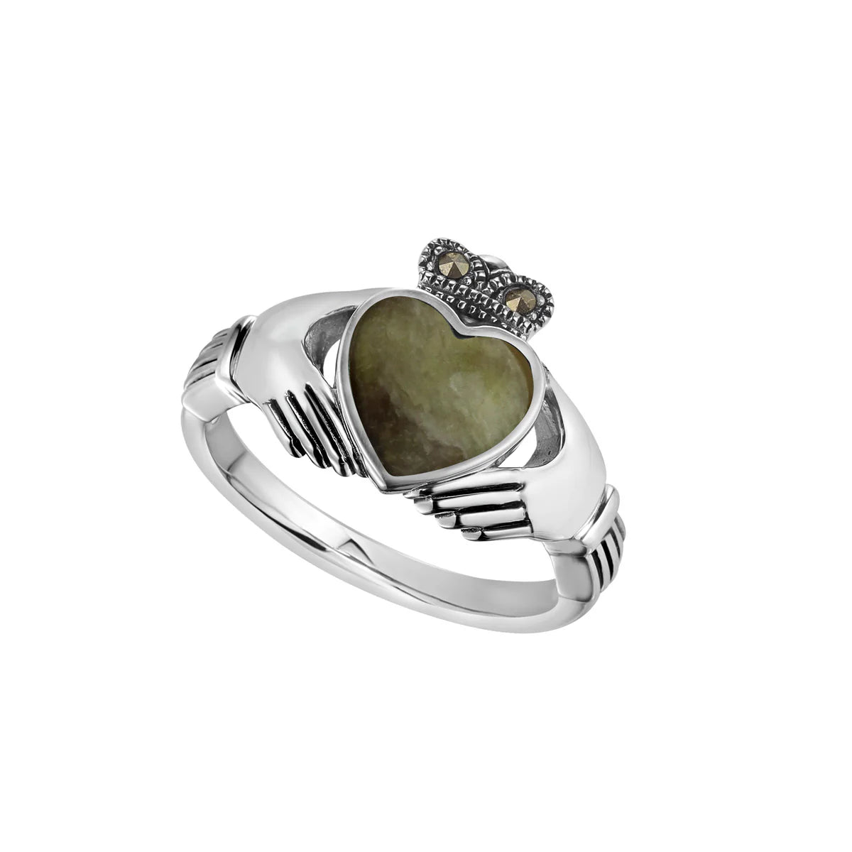 Silver Connemara Marble & Marcasite Claddagh Ring – view 2