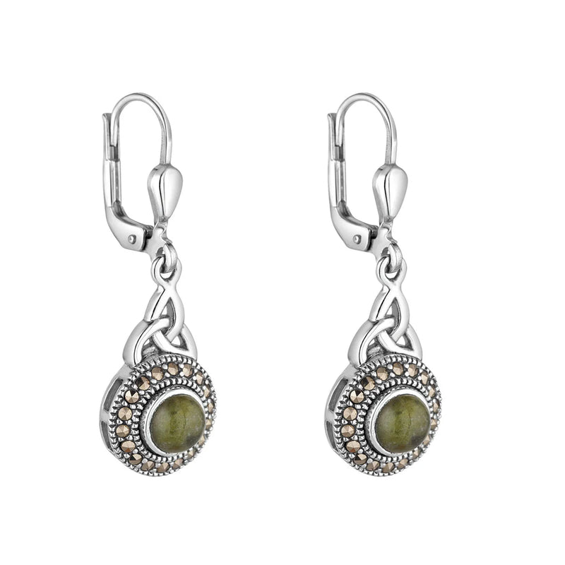 Silver Connemara Marble & Marcasite Trinity Knot Earrings