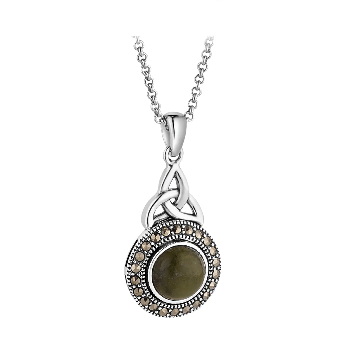 Silver Connemara Marble & Marcasite Trinity Knot Necklace – view 2