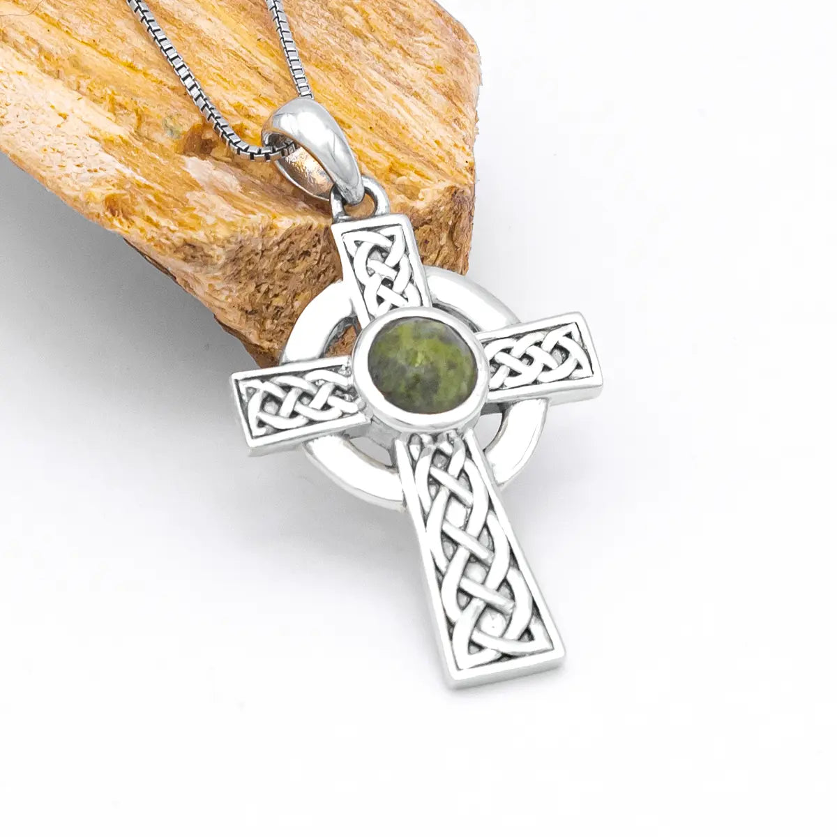 Sterling Silver Celtic Cross Pendant Featuring Connemara Marble