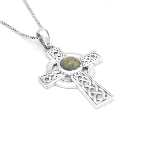 Sterling Silver Celtic Cross Pendant Featuring Connemara Marble