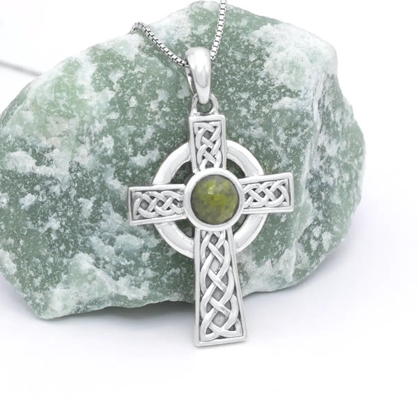 Sterling Silver Celtic Cross Pendant Featuring Connemara Marble
