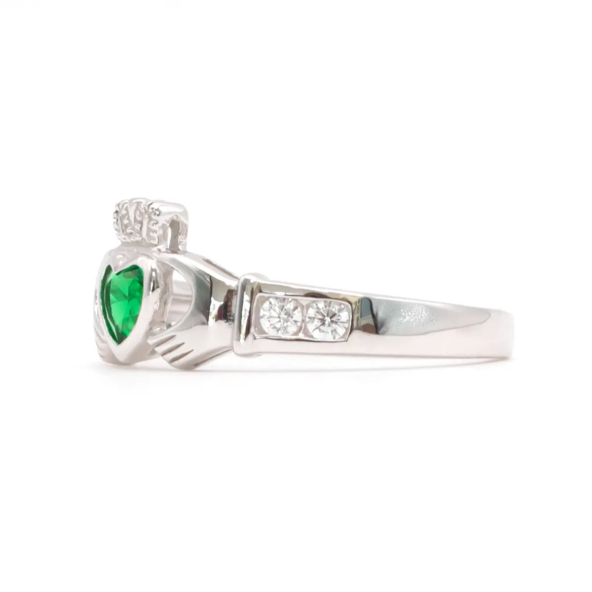 Silver Claddagh Ring With Synthetic Emerald Heart – view 2