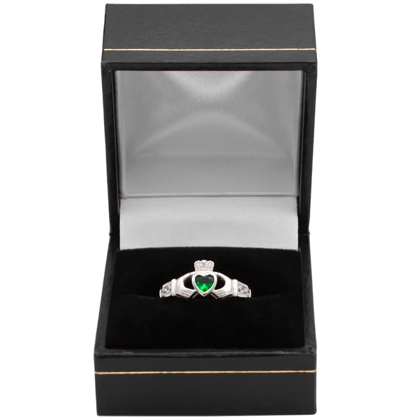 Silver Claddagh Ring With Synthetic Emerald Heart
