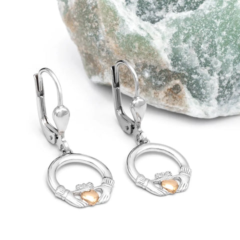 Sterling Silver Claddagh Drop Earrings with 10k Gold Heart