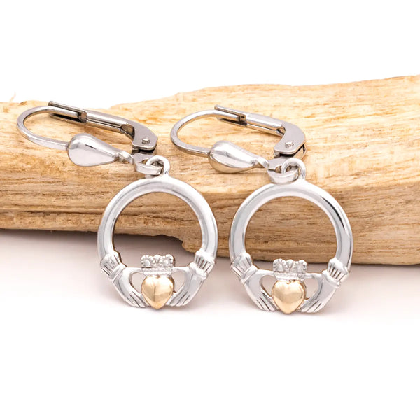 Sterling Silver Claddagh Drop Earrings with 10k Gold Heart
