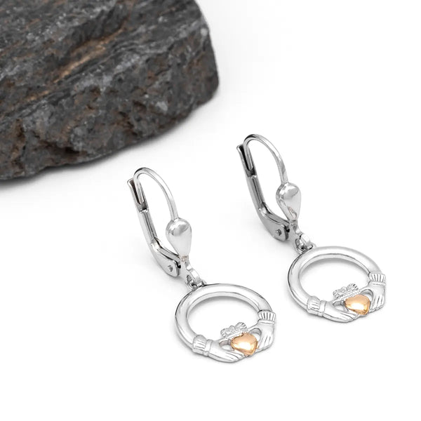 Sterling Silver Claddagh Drop Earrings with 10k Gold Heart