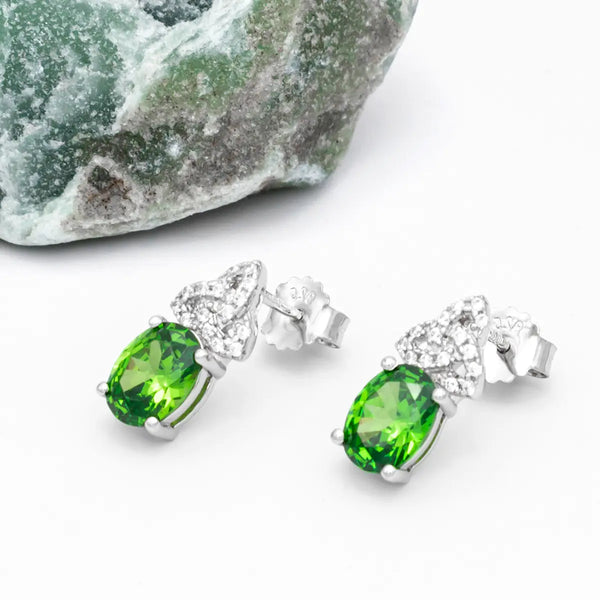 Silver Trinity Knot Stud Earrings With Green Cubic Zirconia