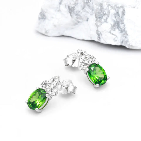 Silver Trinity Knot Stud Earrings With Green Cubic Zirconia