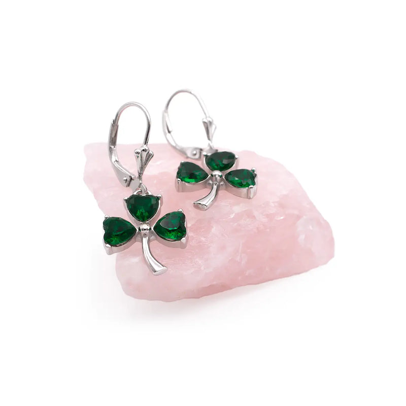 Silver Irish Shamrock Earrings With Green Crystals