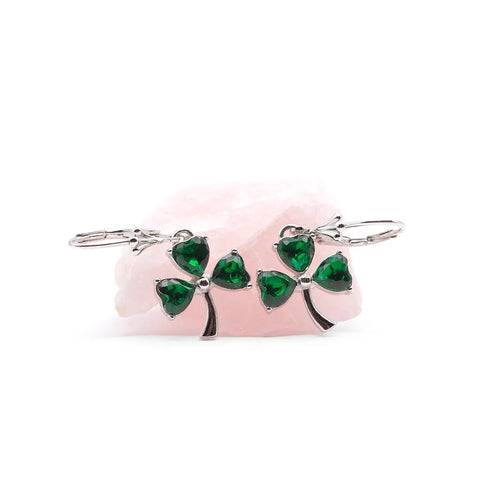 Silver Irish Shamrock Earrings With Green Crystals