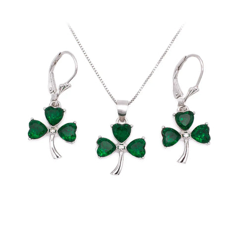 Silver Irish Shamrock Necklace & Earrings Set