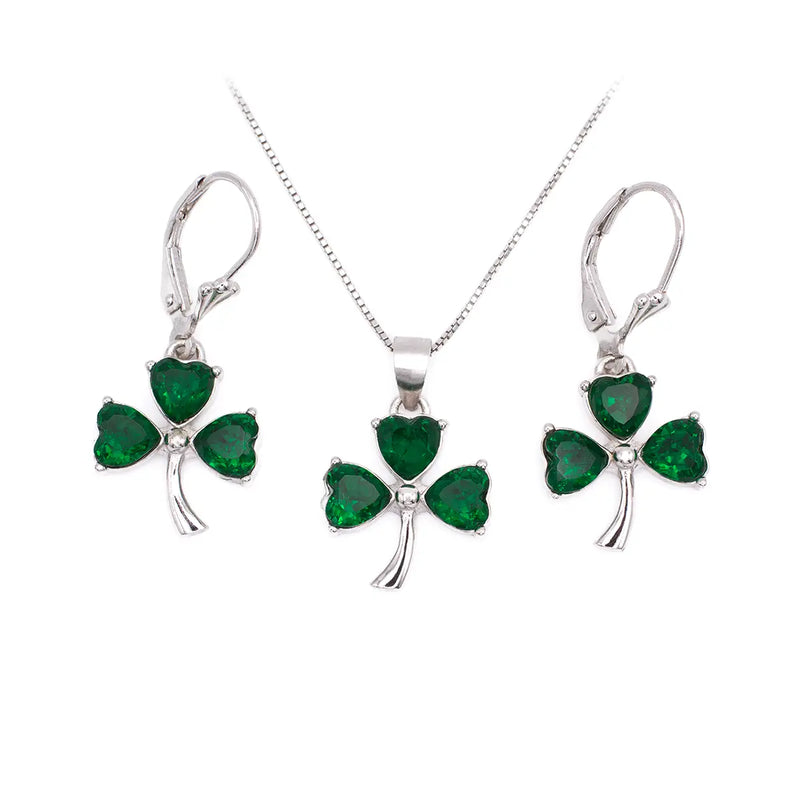 Silver Irish Shamrock Necklace & Earrings Set