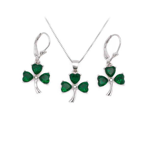 Silver Irish Shamrock Necklace With Green Crystals