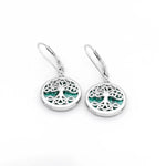 Silver Tree of Life Drop Earrings with Green Malachite Stone
