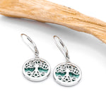 Silver Tree of Life Drop Earrings with Green Malachite Stone
