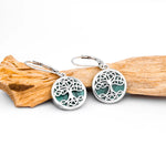 Silver Tree of Life Drop Earrings with Green Malachite Stone
