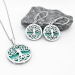 Silver Tree of Life Drop Earrings with Green Malachite Stone