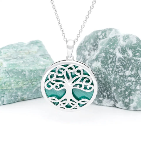 Silver Tree of Life Pendant with Green Malachite Stone