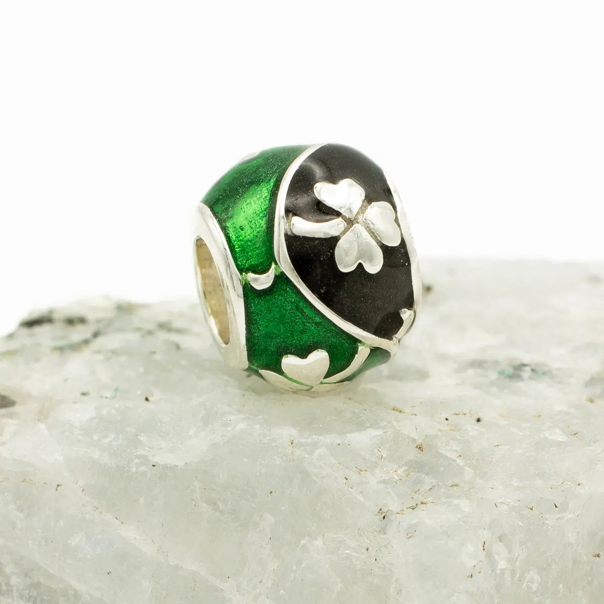 Silver Shamrock Bead Inlaid with Green & Black Enamel – view 3