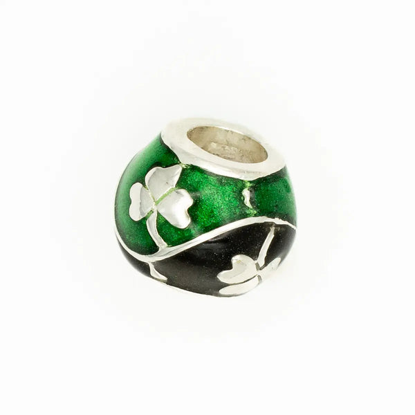 Silver Shamrock Bead Inlaid with Green & Black Enamel