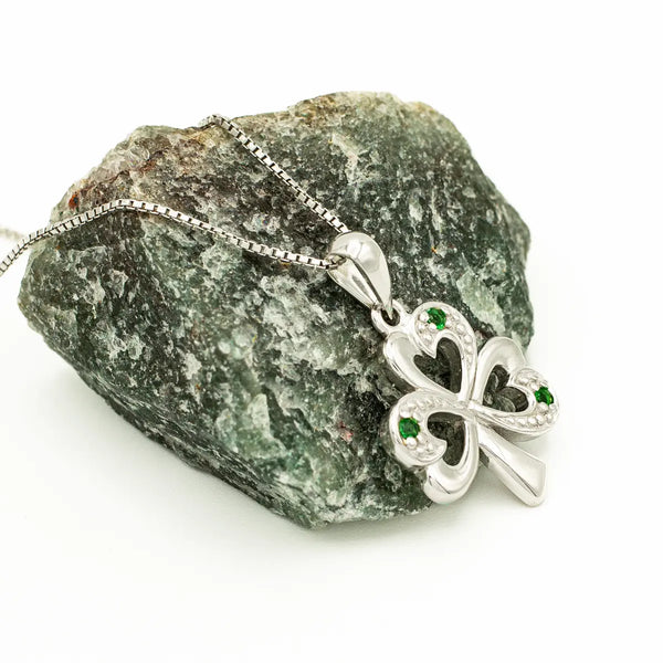 Silver Shamrock Necklace With Synthetic Emeralds