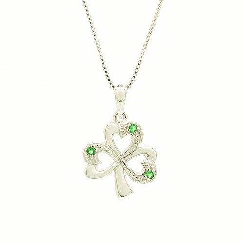 Silver Shamrock Necklace With Synthetic Emeralds