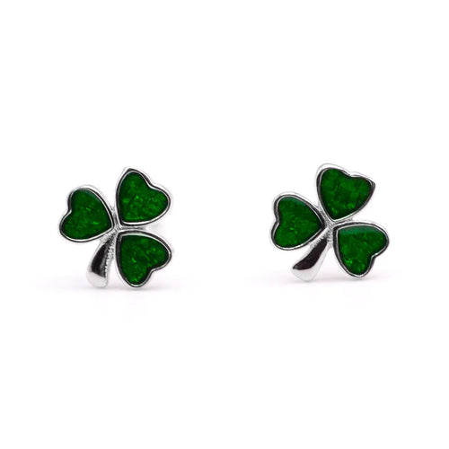 Silver Shamrock Stud Earrings With Green Enamel