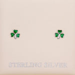 Silver Shamrock Stud Earrings With Green Enamel