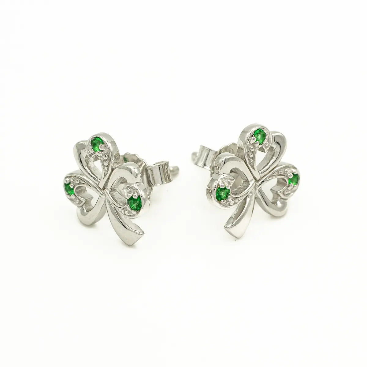 Silver Shamrock Stud Earrings With Synthetic Emeralds – view 4