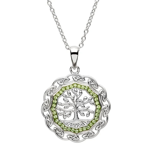 Silver Tree of Life Necklace with Green Peridot Crystals