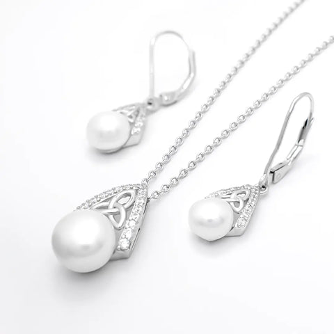 Silver Trinity Knot Pearl Pendant And Earrings Gift Set